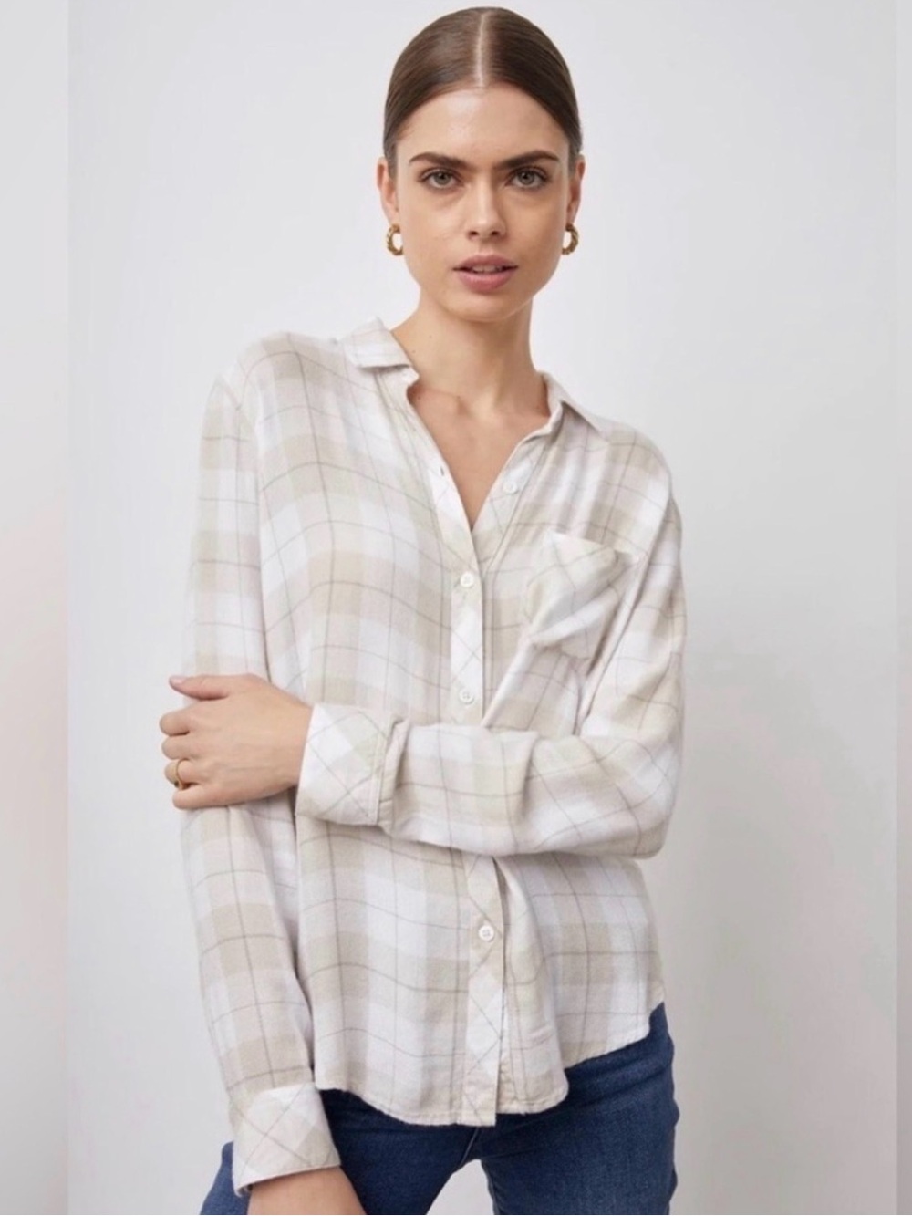 Rails Light Beige and White Plaid Button-Down Hunter Shirt in Almond